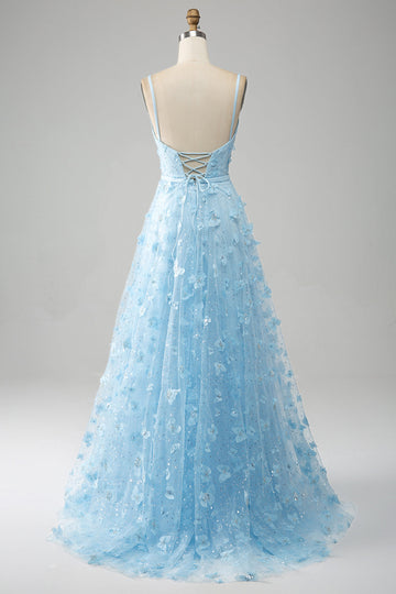 Sky Blue A Line Spaghetti Straps Sparkly Beaded Formal Dress with 3D Butterflies